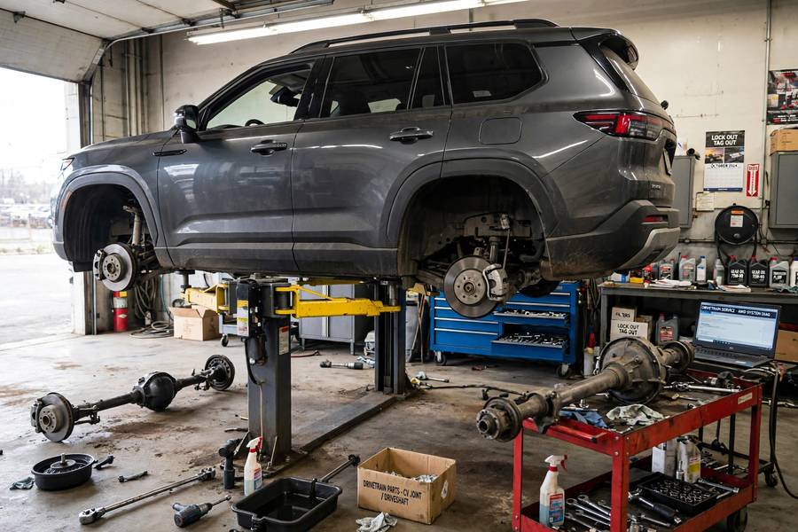 SUV on a lift undergoing drivetrain maintenance service