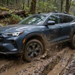 AWD vs 4WD Off Road: Which Drivetrain Actually Wins? AWD crossover tackling a muddy trail, testing AWD vs 4WD off road capability
