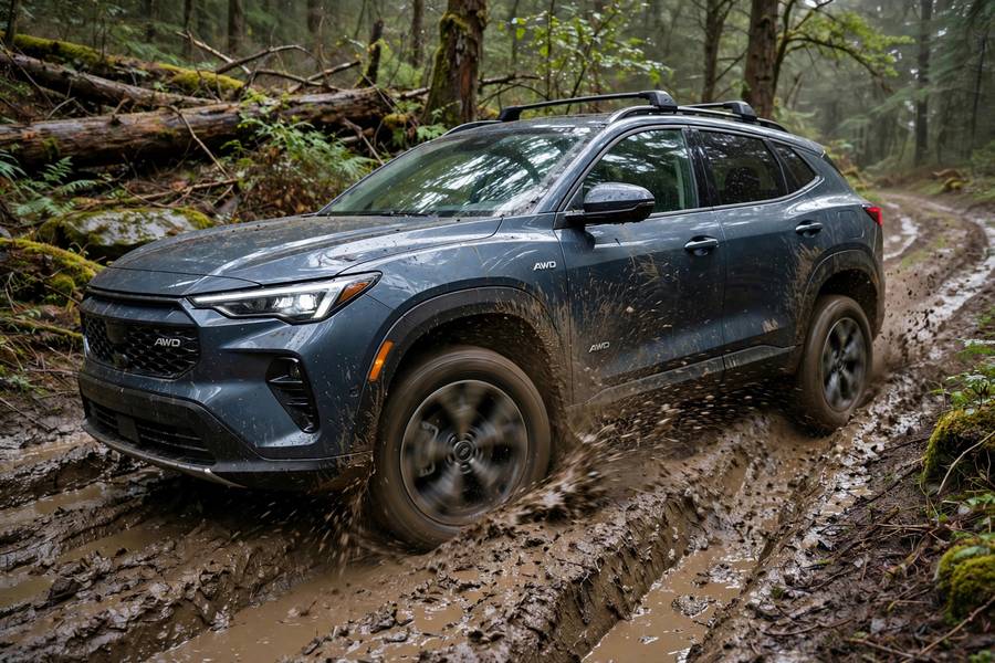 AWD crossover tackling a muddy trail, testing AWD vs 4WD off road capability