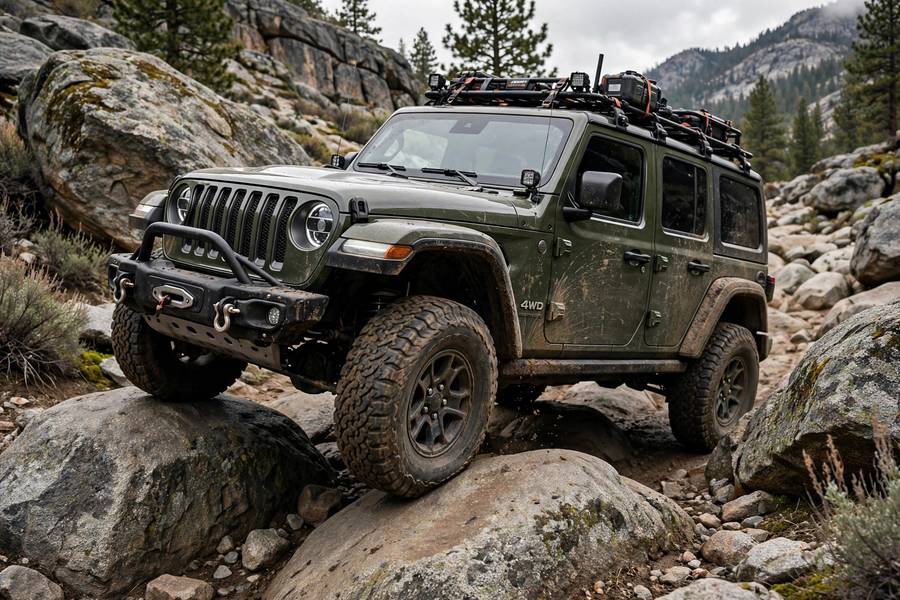 4WD SUV rock crawling over boulders in an AWD vs 4WD off road comparison