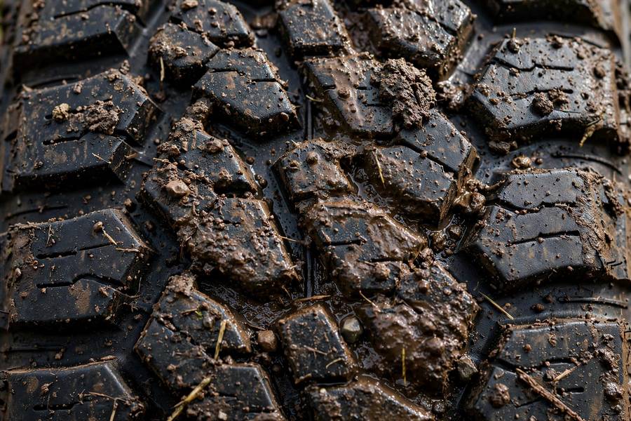 All-terrain tire tread covered in mud, critical for AWD vs 4WD off road traction