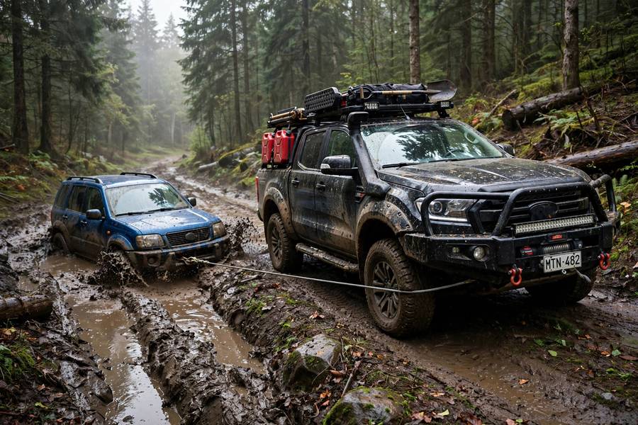 4WD truck recovering a stuck vehicle from deep mud on an off-road trail