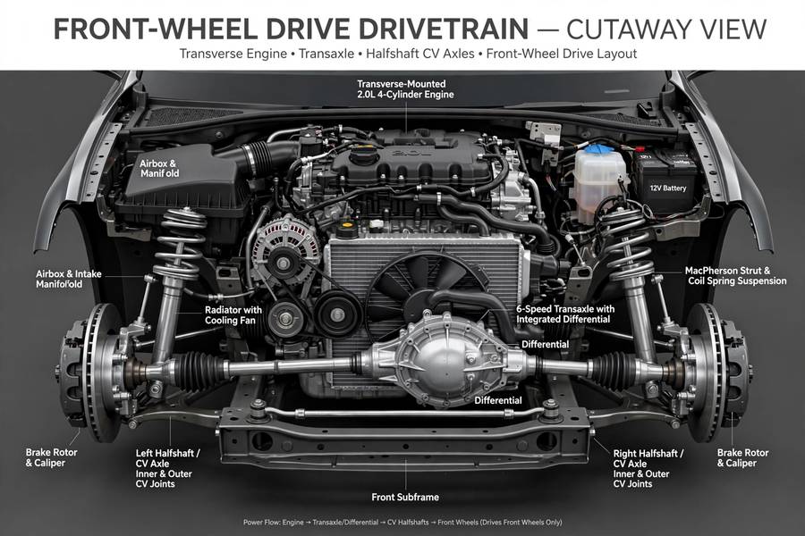 Front-wheel drive layout diagram for AWD vs FWD vs RWD differences