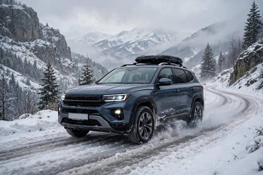 SUV with all-wheel drive on snow showing AWD vs FWD vs RWD differences in winter