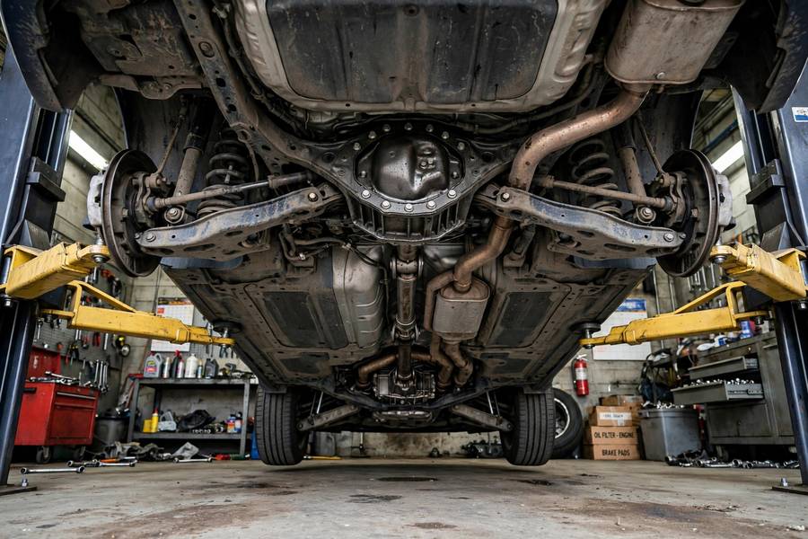 Drivetrain components under a lifted car related to AWD vs FWD vs RWD differences