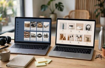 Side-by-side comparison of B2B and B2C ecommerce websites on screens
