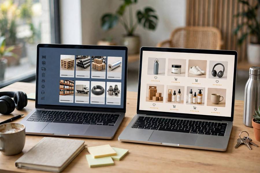 Side-by-side comparison of B2B and B2C ecommerce websites on screens