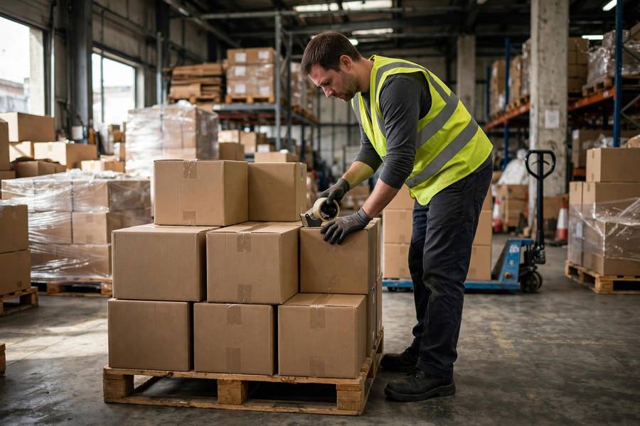 Warehouse worker processing bulk B2B ecommerce orders on pallets