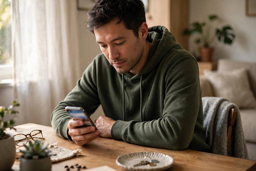 Customer completing a B2C online purchase on a smartphone at home