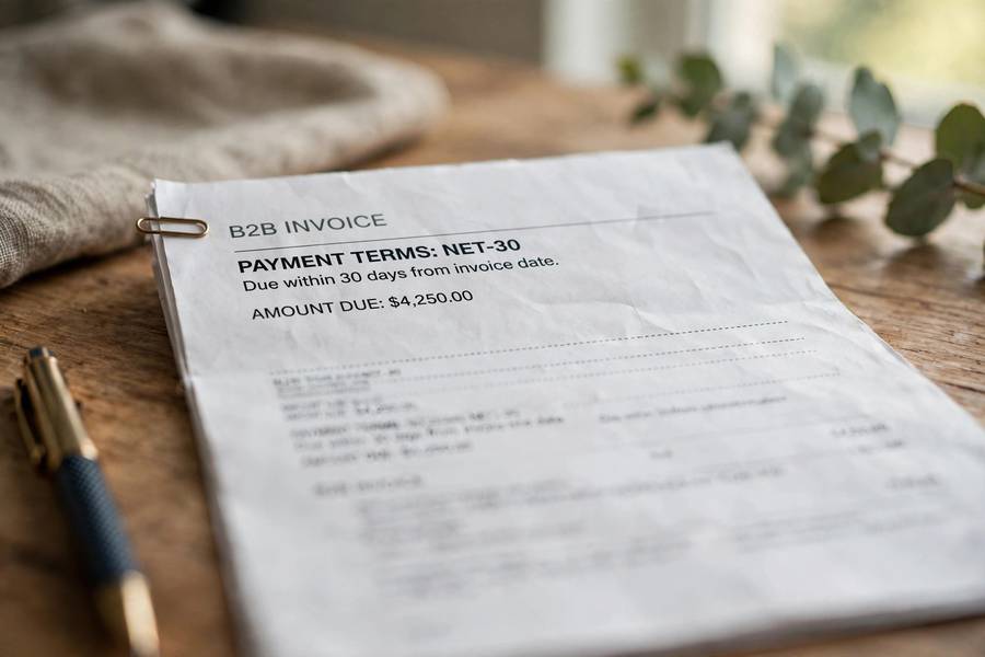 Close-up of B2B invoice with net-30 payment terms on a desk