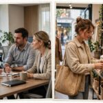 Collage-style photo showing B2B office meeting and B2C retail shopping