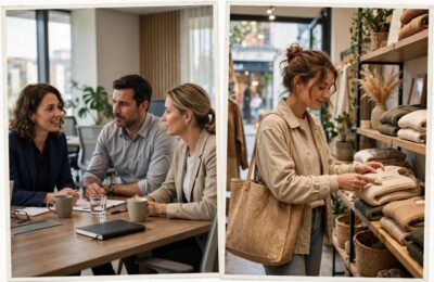 Collage-style photo showing B2B office meeting and B2C retail shopping