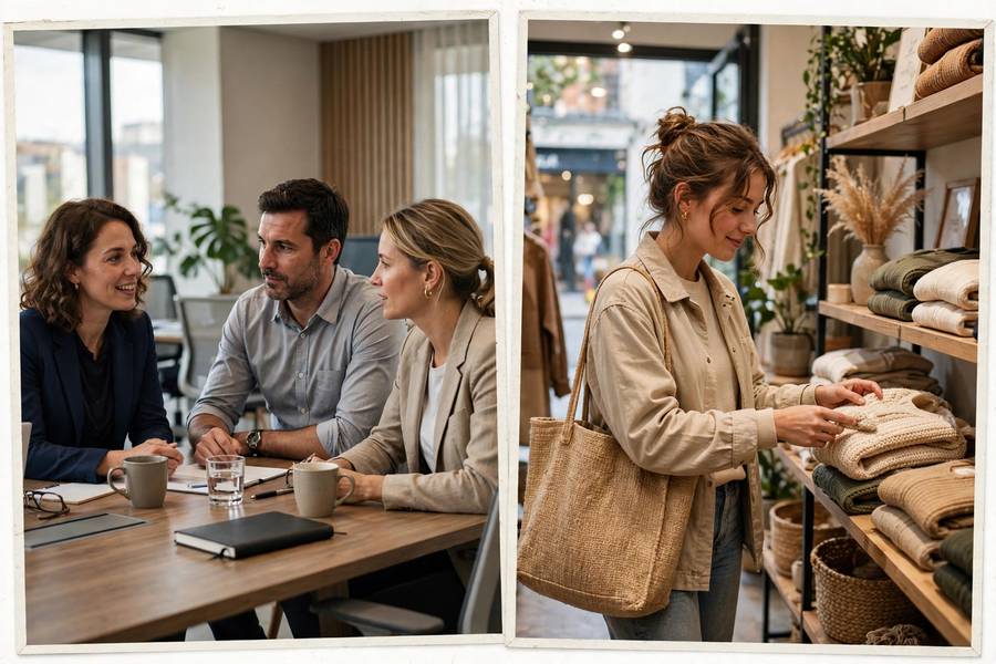 Collage-style photo showing B2B office meeting and B2C retail shopping