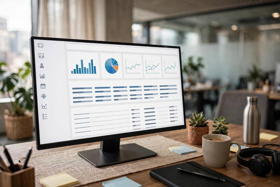 Salesforce-style CRM dashboard on a monitor in a corporate office