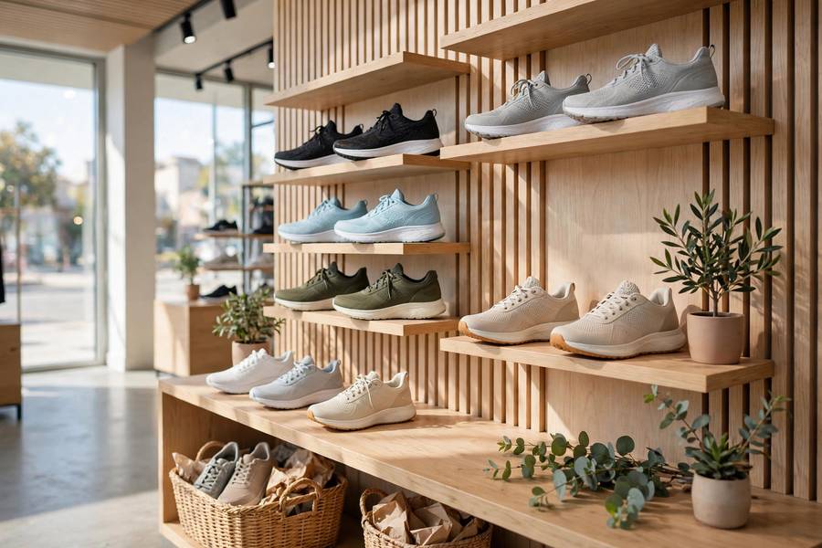 Nike-style athletic shoe display in a bright retail store