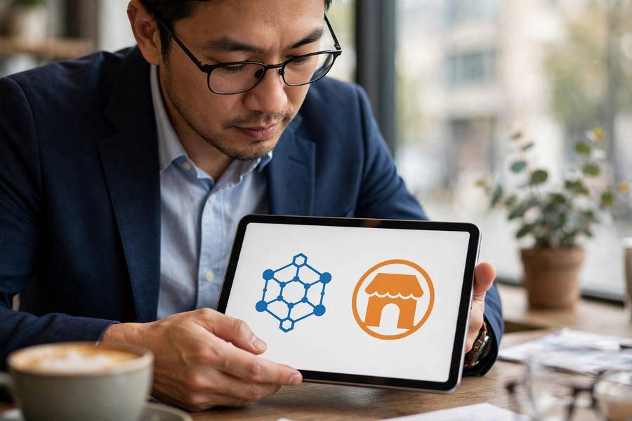 Business professional comparing B2B and B2C company logos on a tablet