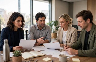 Business team reviewing B2B marketing strategy documents in a conference room