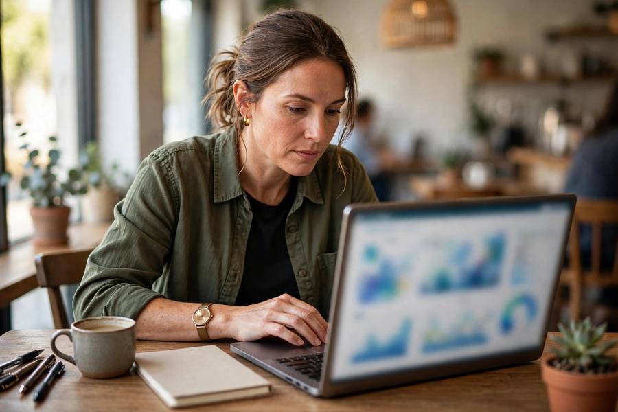 Marketing manager analyzing B2C social media campaign metrics on a laptop