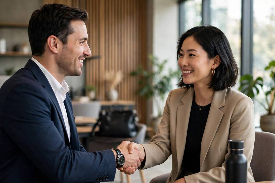 Two professionals shaking hands after closing a B2B deal in an office