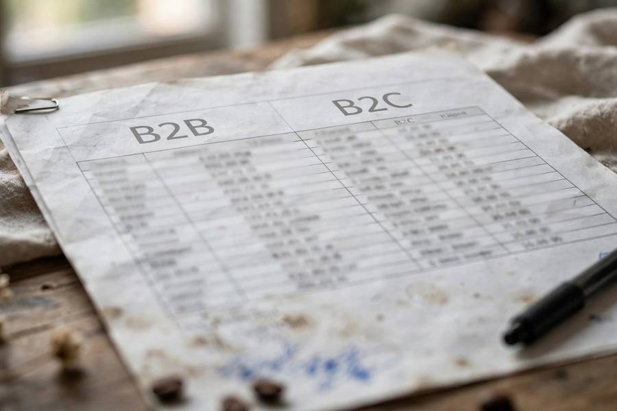 Close-up of a marketing budget spreadsheet comparing B2B and B2C channels