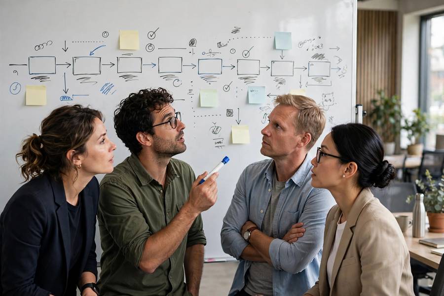 Sales team reviewing a B2B pipeline with long deal stages on a whiteboard