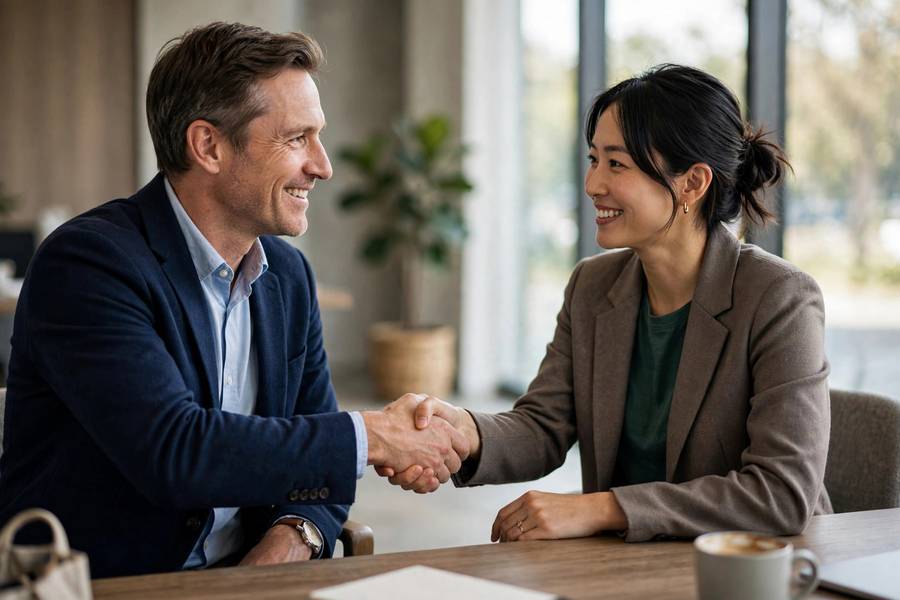 Business handshake closing a deal after a long B2B negotiation