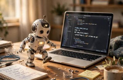 Small baby robot representing BabyAGI taking its first autonomous steps