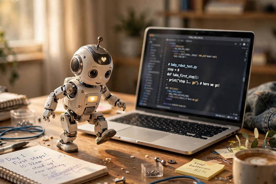 Small baby robot representing BabyAGI taking its first autonomous steps