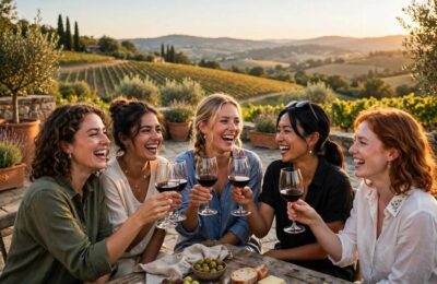 Friends toasting at a vineyard — classic bachelorette party ideas for a wine weekend