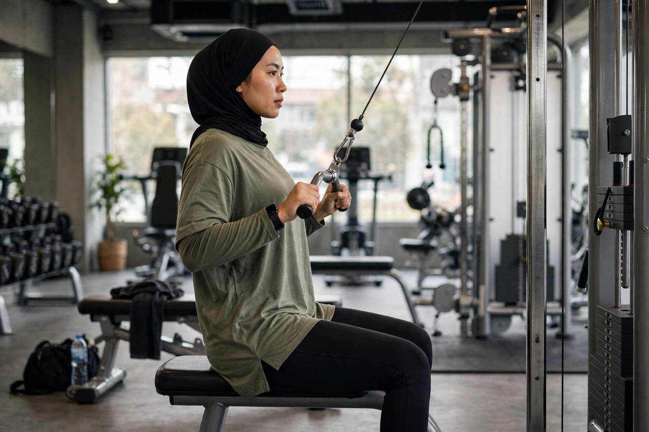 Woman doing seated cable rows at the gym