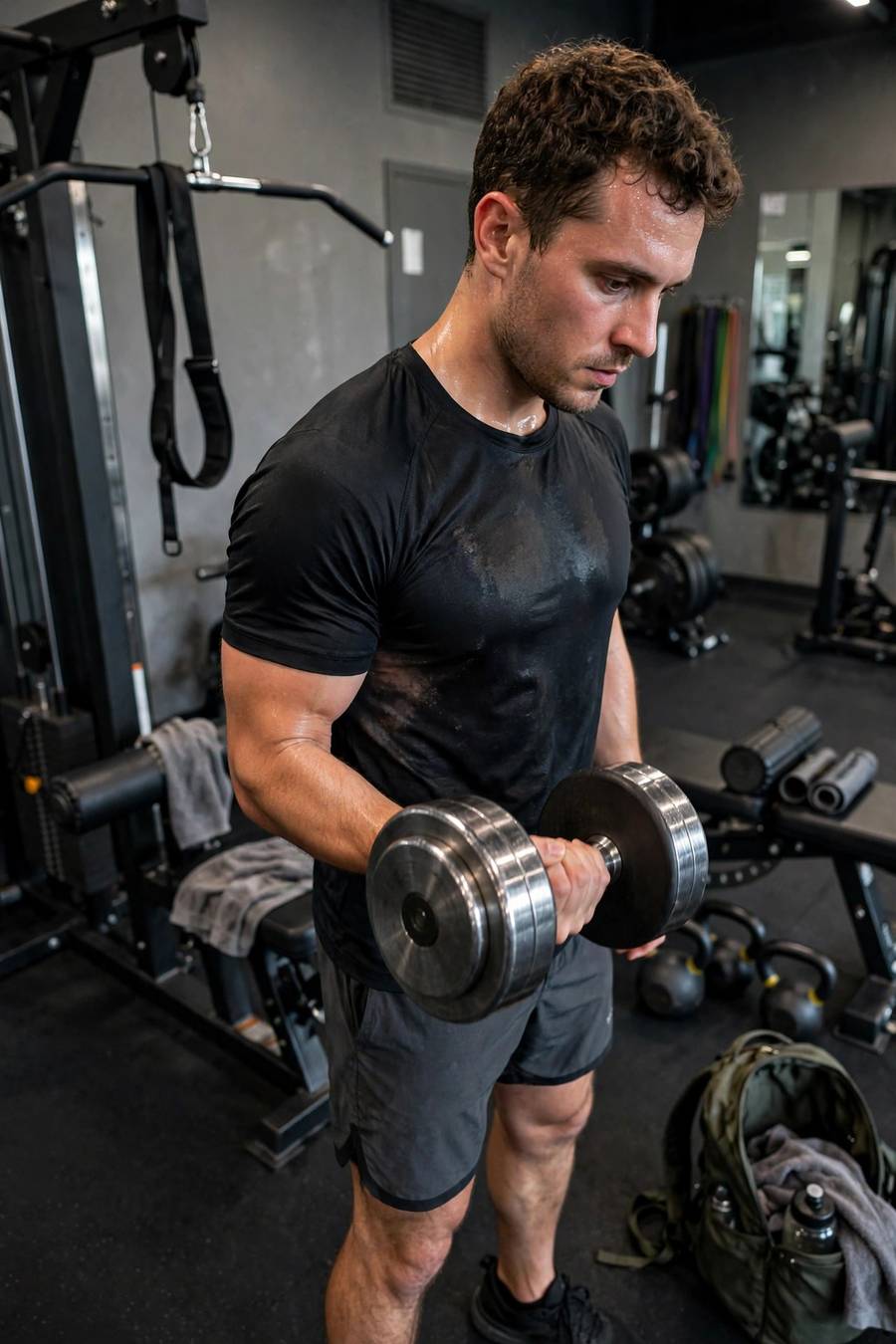 Person doing dumbbell bicep curls after back exercises