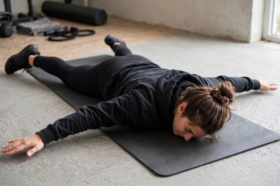 Person doing reverse snow angels on a mat