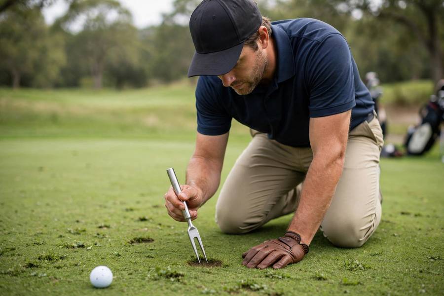 Photorealistic image of a golfer repairing a pitch mark on a green with a divot tool