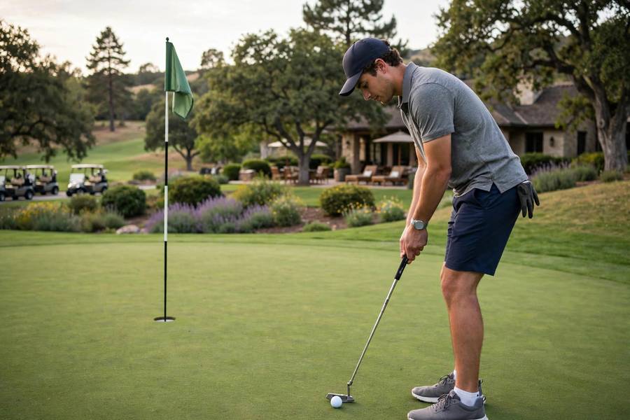 Photorealistic photo of a beginner putting on a green with flagstick in, relaxed country club setting
