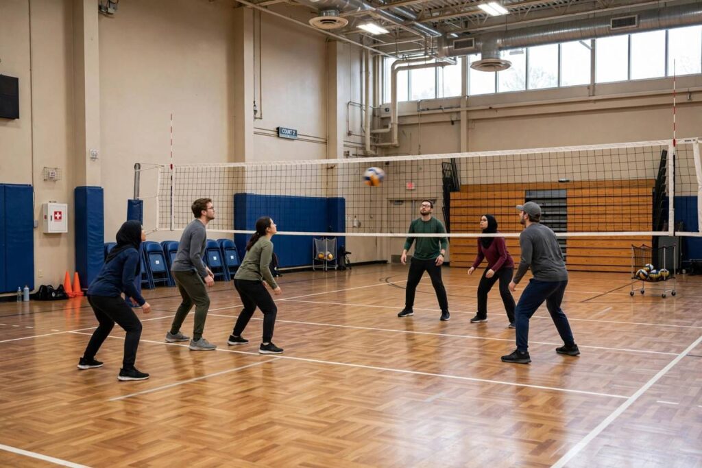 Beginners playing volleyball on an indoor court with a net dividing the two teams