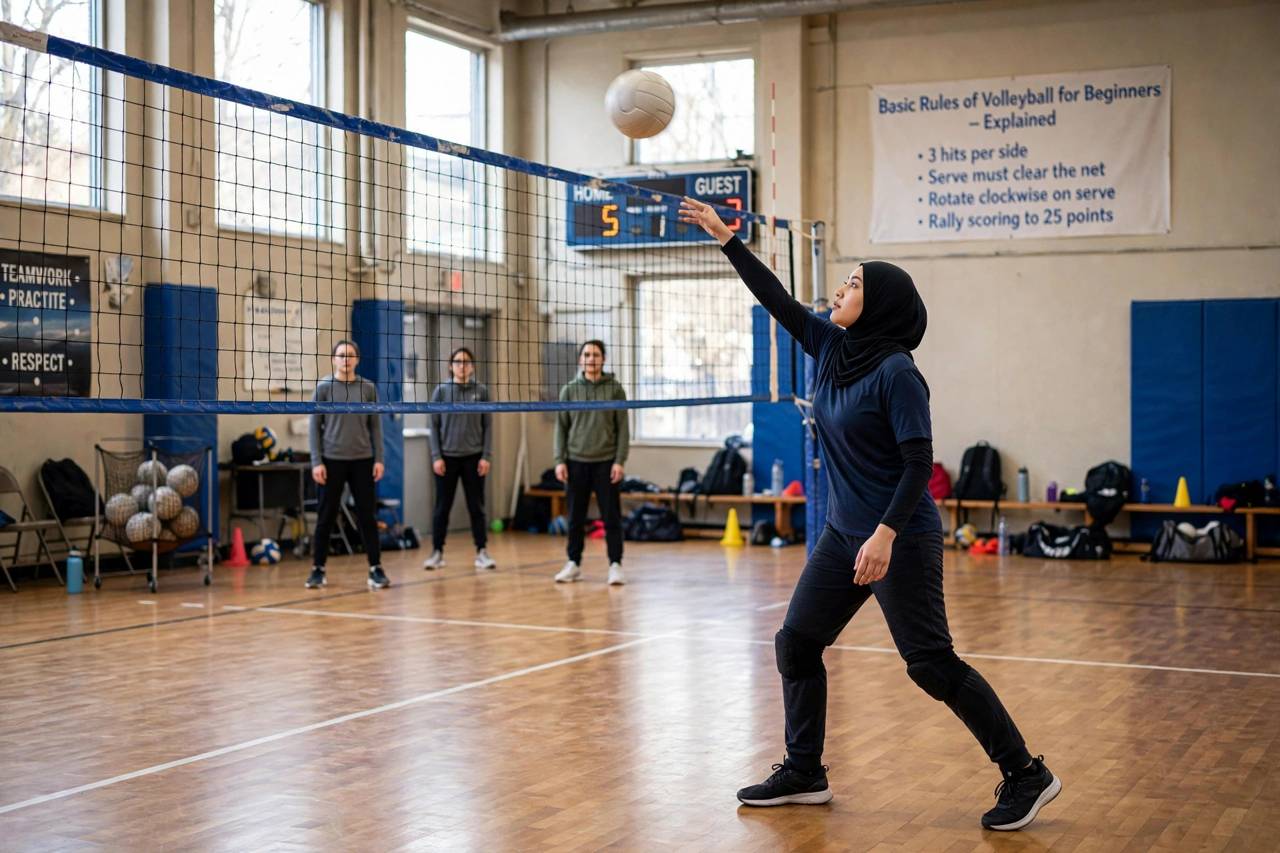 A volleyball player serving the ball over the net during a beginner-level indoor match
