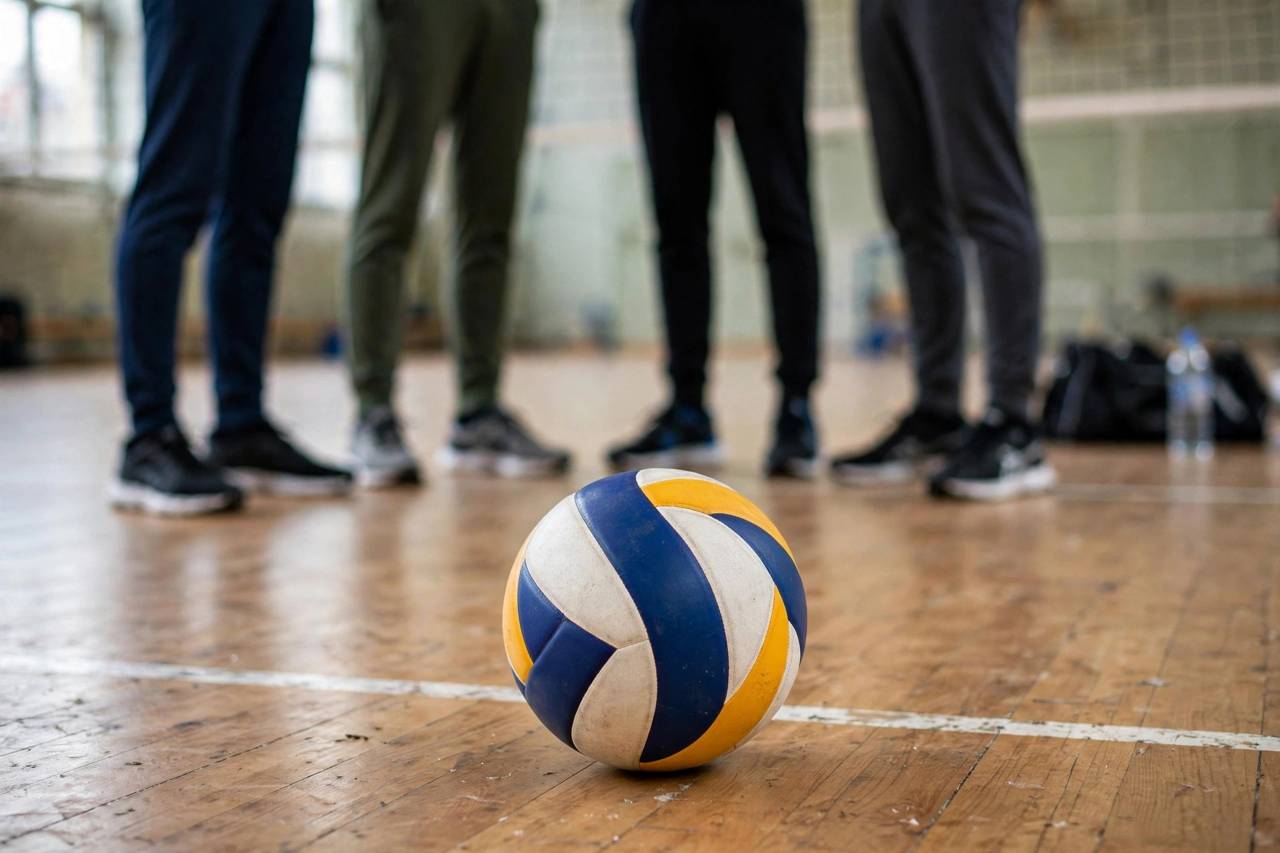 A volleyball on a court floor with player legs visible in the background