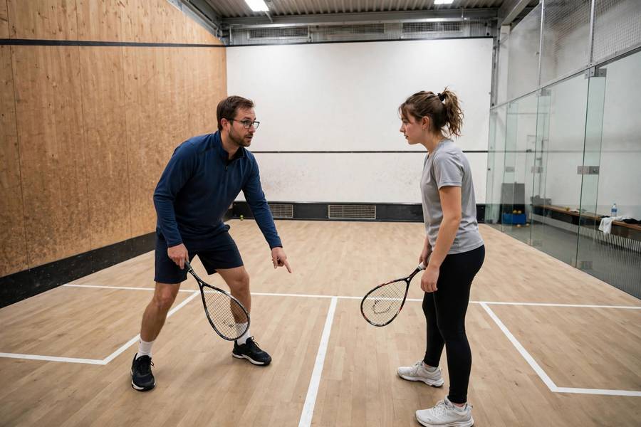 Photorealistic photo of a coach demonstrating the ready position at the T to a beginner squash player