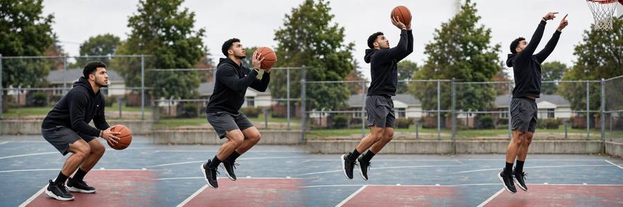 Photorealistic sequence-style photo showing jump shot phases from dip to follow-through on an outdoor court