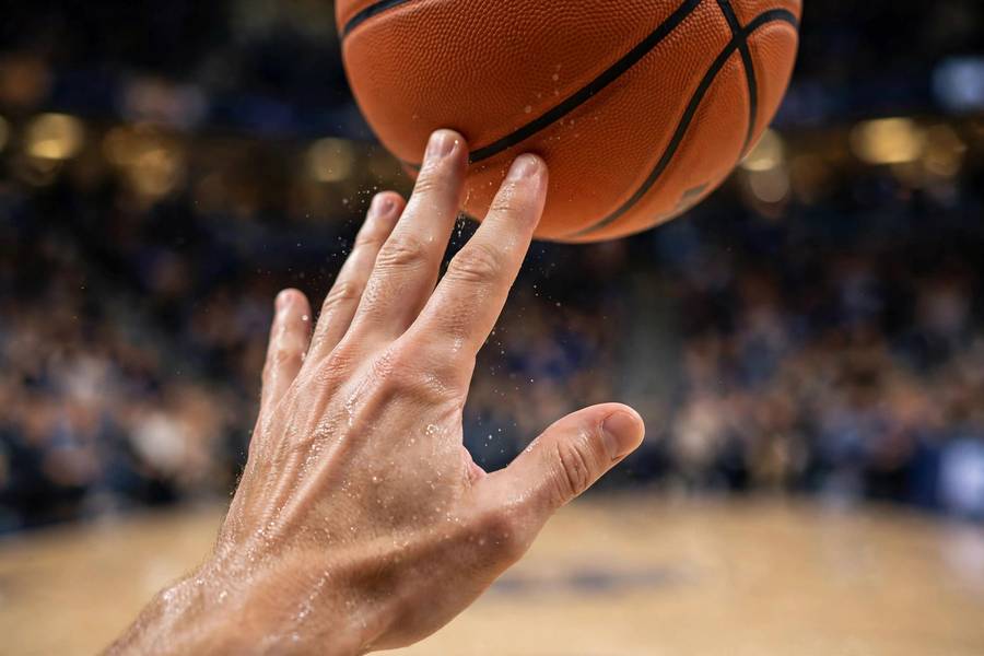 Photorealistic close-up of a player's hand position at the release point of a jump shot, ball just leaving fingertips