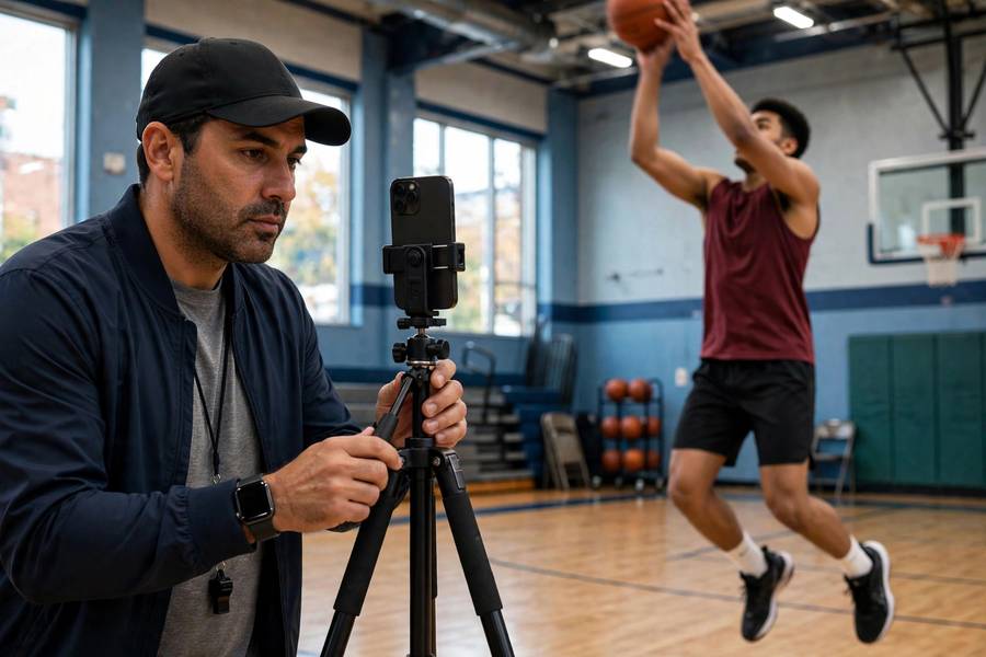 Photorealistic image of a coach filming a player's jump shot with a phone on a tripod, gym background