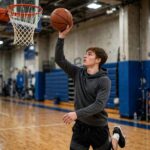 Basketball Shooting Drills for Beginners: 20 That Actually Work Photorealistic photo of a young player doing one-hand form shooting close to the basket, indoor gym