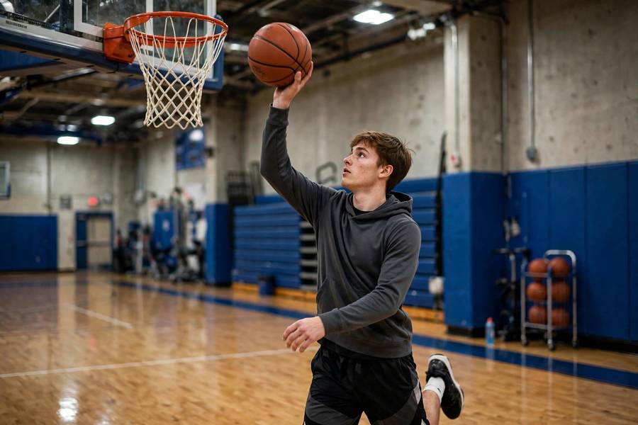 Photorealistic photo of a young player doing one-hand form shooting close to the basket, indoor gym