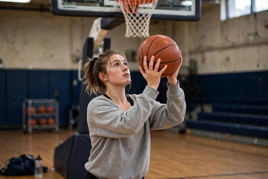 Photorealistic image of a beginner practicing Mikan drill layups under the basket, both hands