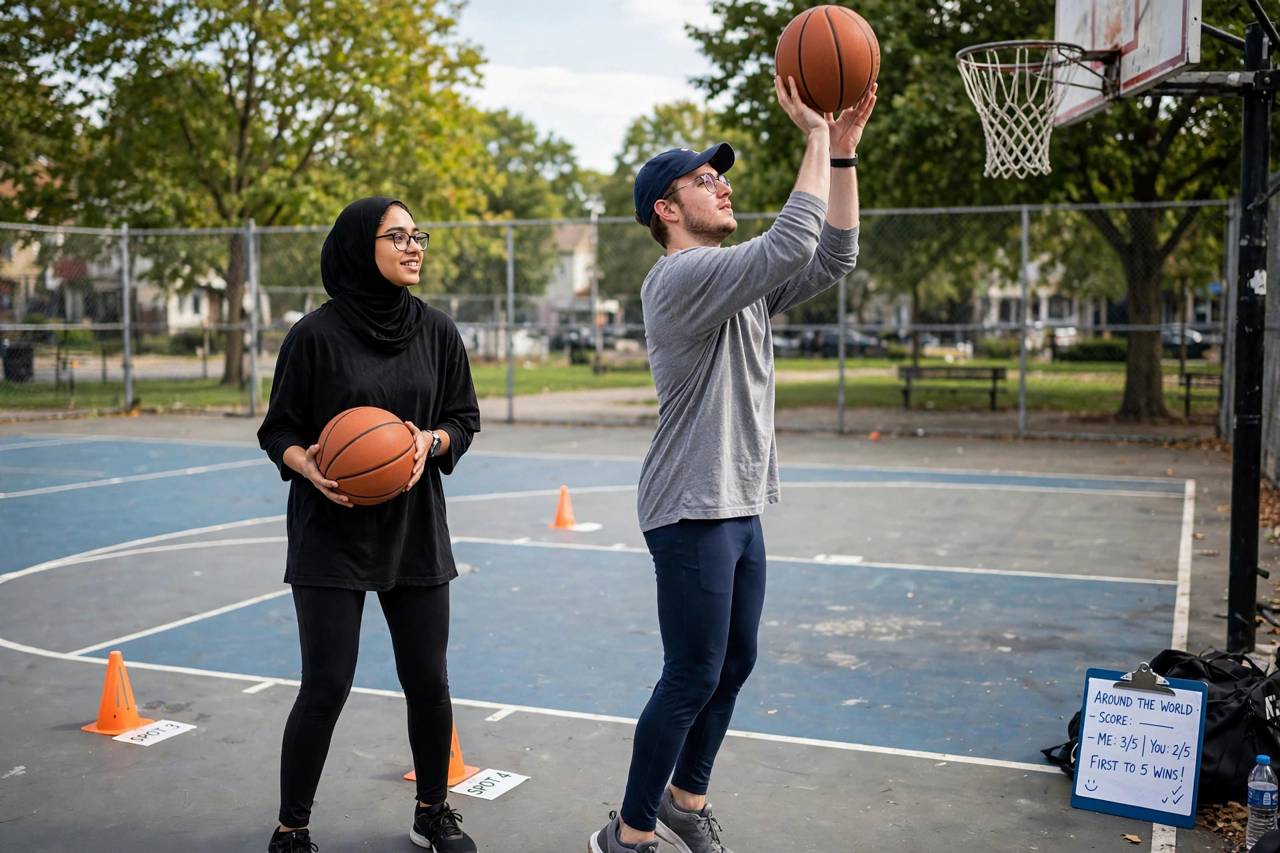 Photorealistic photo of two beginners doing a competitive around-the-world shooting drill on outdoor court