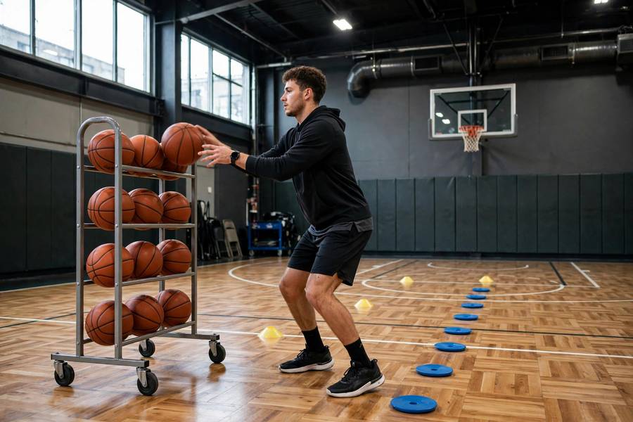 Photorealistic photo of a player following a structured shooting workout with a ball rack, indoor gym