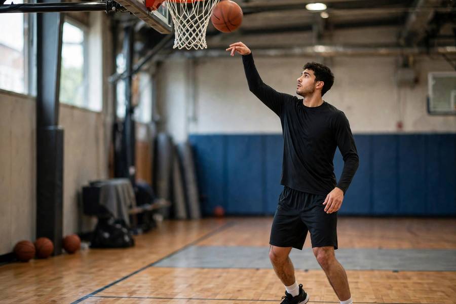Photorealistic image of a player doing one-hand form shooting close to the basket during warm-up