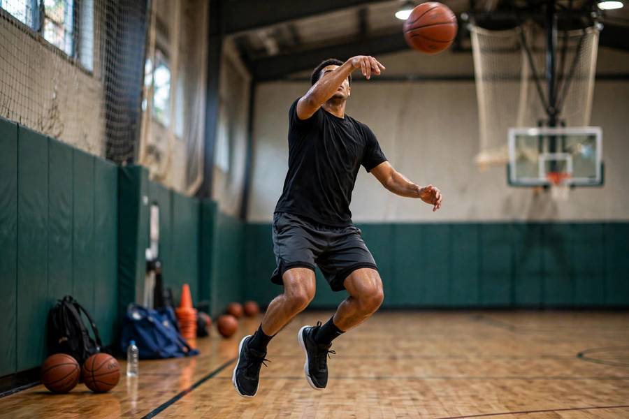 Photorealistic action photo of a mid-range pull-up jumper during a solo practice session