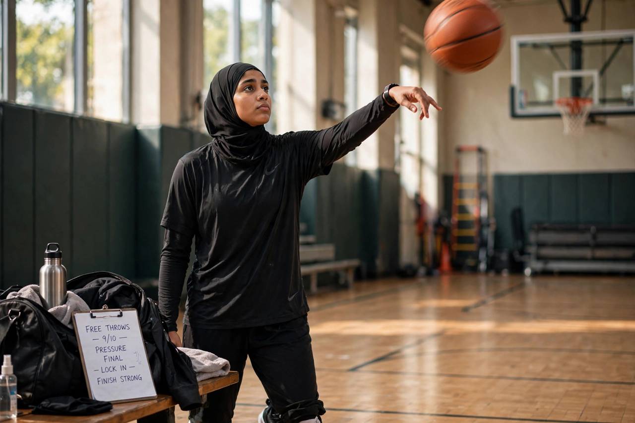 Photorealistic photo of a player finishing a workout with pressure free throws, focused expression