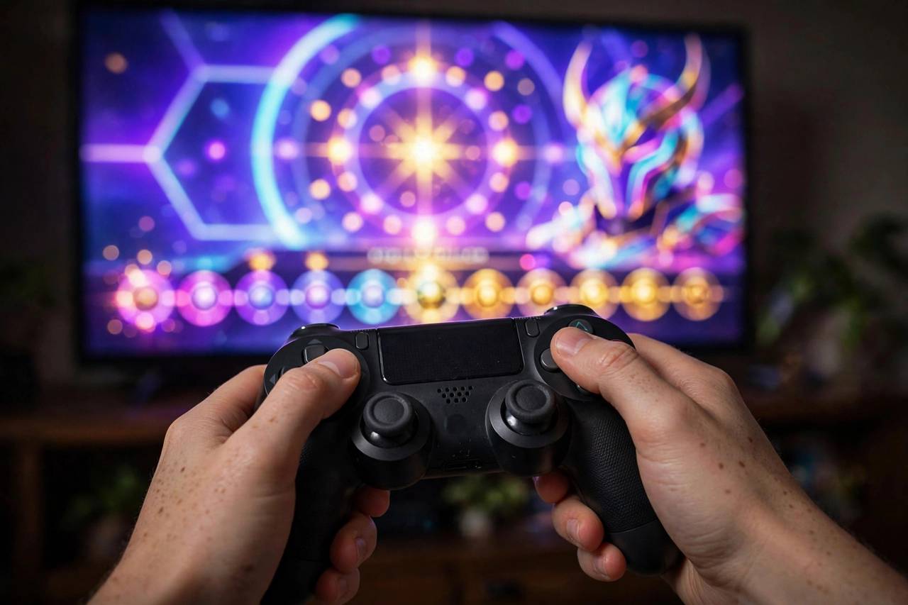 Close-up of hands on a game controller with a battle pass tier unlock animation glowing on the TV screen